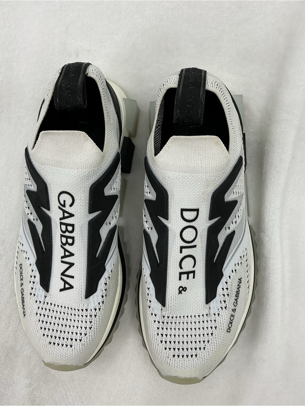 Dolce & Gabbana White and Black Knit Slip-Ons with Graphic Logo B69